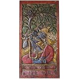 Vintage Carved Door Panel Krishna Fluting under Wish Fulfilling Tree Wall Sculpture, Meditation Decor