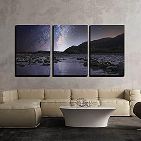 3 Piece Canvas Wall Art - Starry Sky Over Mountain River - Modern Home Art Stretched and Framed Ready to Hang - 16"x24"x3 Panels