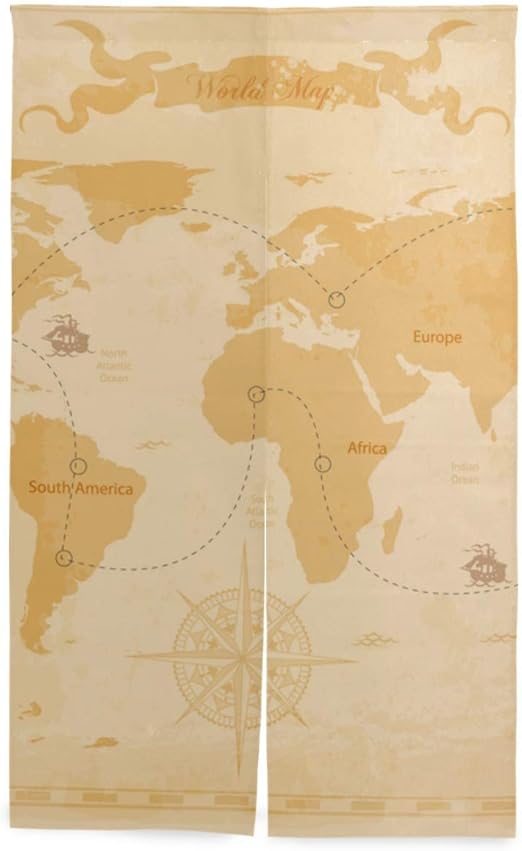 Amazon 間仕切りカーテン 古い世界地図のヴィンテージ紙のテクスチャ 家庭用ショップカフェ風水ファッションのカスタムパターンに適したパーティションシェード のれん オンライン通販