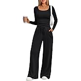 Trendy Queen 2 Piece Scoop Neck Lounge Set Womens Wide Leg Pants Side Ruching Slightly Crop Top Sweatsuit Sets With Pockets