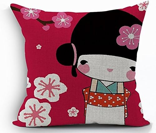 LCArtStore cute Japanese geisha doll folding fans umbrella and cherry 18x18 Inch Cotton Linen Decorative Pillow Case Throw Pillow.