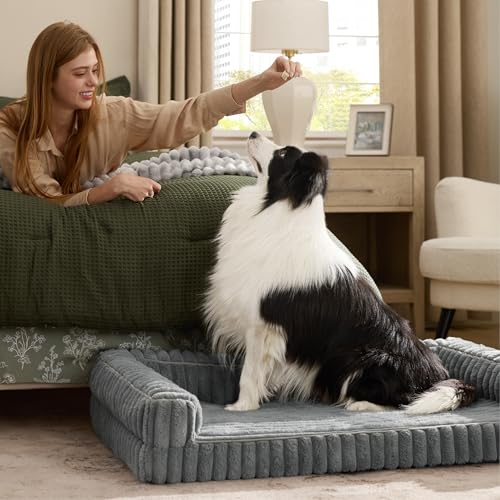 Bedsure Large Orthopedic Dog Bed – 89 x 64 x 18 cm Sofa Dog Beds with Memory Foam and Edges, Waterproof, Non-Slip Base, Removable and Washable Corduroy Cover, Grey