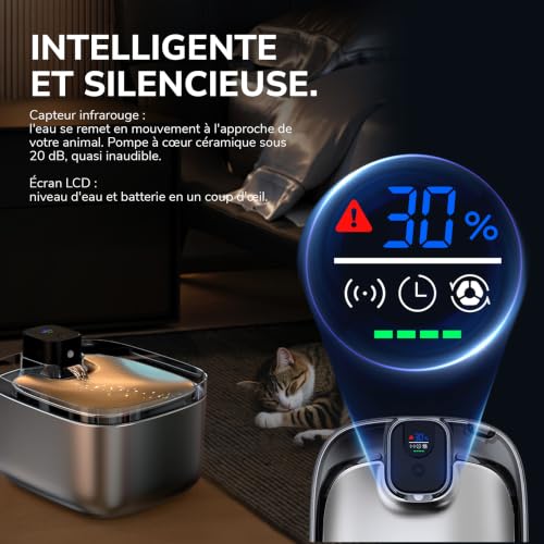 OXLY Stainless Steel 304 Wireless Cat Water Fountain – Ultra Quiet <20dB, 5.5L, 45 Days of Battery Life, LCD Display, UV-C Lamp, Motion Detector – Automatic Water Dispenser for Cats and Dogs