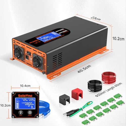 SolaYnc 3000W/6000W 12V 220/230V Pure Sine Inverter DC AC Sine Wave Inverter, with LCD Display, Remote Control, 2 EU AC Sockets, Type-C 30W Interface and USB Port, for Cars, Boats, Trucks