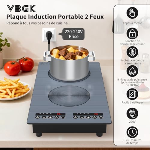 VBGK 2 burner induction hob, 220 V 3000 W double burner hob with LED touch control, 9 power levels, child safety and timer, overheating protection