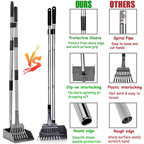 Dog Pooper Scooper, Tray Rake and Spade 3 Pack Poop Scoop Adjustable Long Handle Metal with Bin