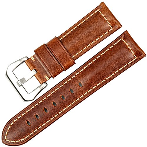 MAIKES Vintage Oil Wax Leather Watch Strap 22mm 24mm 26mm Watchband with Stainless Steel Buckle Watch Band (Band Width 26mm, Light Brown+Silver Clasp)