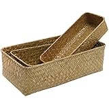 MyGift - Juego de 3 cestas de almacenamiento rectangulares de mimbre de mimbre natural tejido a mano y contenedores organizadores del hogar