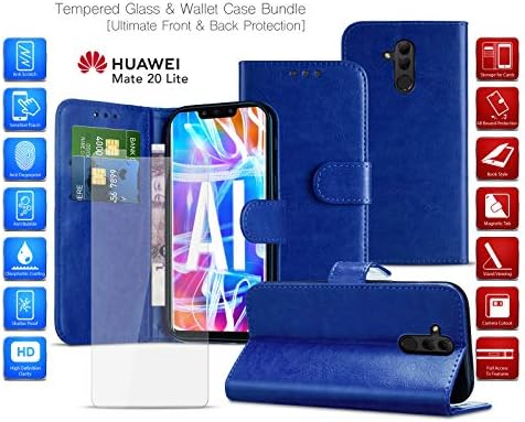 MobiBax Tempered Glass Screen Protector and Wallet Phone Case for Huawei Nova 3i (2018) INE-LX2 - Fingerprint Sensor Scanner, Card Slots and Magnetic Closure Tab Features in DARK BLUE