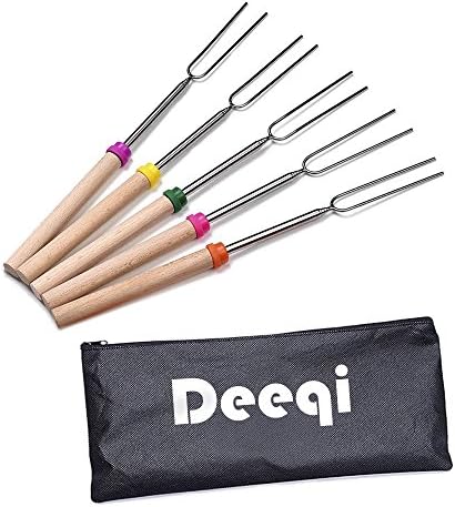 DEEQI 32 Inch Telescoping Marshmallow Roasting Sticks Stainless Steel Wooden Handle Smores Skewers &amp; Hot Dog Fork, Set of 5, Fire Pit Forks for Camfire Cooking