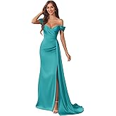 Maxianever Off Shoulder Bridesmaid Dresses 2026 Long Pleated Satin Formal Gowns for Women with Slit