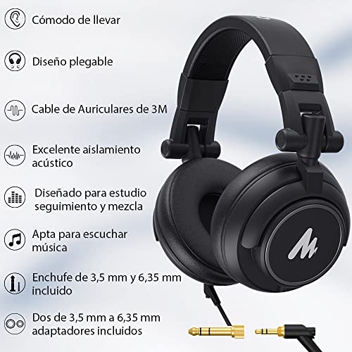 MAONO Audífonos de Diadema de Estudio con Controladores de 50MM AU-MH601 Auriculares de Monitor Estéreo sobre la Oreja para Música, DJ, Podcast (MH601-Negro)