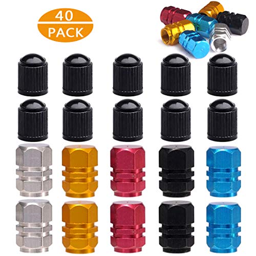 40 Pieces Tire Stem Valve Dust Caps,20 Pack Car Wheel Air Colorful Aluminum Covers with 20 Pcs Black Plastic Dustproof Tire Cap for Car, Motorbike, Trucks, Bike and Bicycle for Prevent Air Leakage