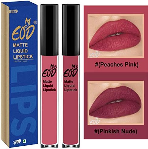 EOD Soft Matte Kiss Proof Vegan Made in India Liquid Lipstick Long Wearing Set of 2 Lip Gloss(Peaches Pink, Pinkish Nude)