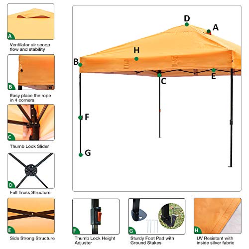 kdgarden 10' x 10' Easy Pop Up Canopy Portable Instant Canopy Shelter for Outdoor Party and Commercial Use, 300D Silver Coated UV Canopy Tent with Wheeled Carry Bag, Orange - Thumbnail 3