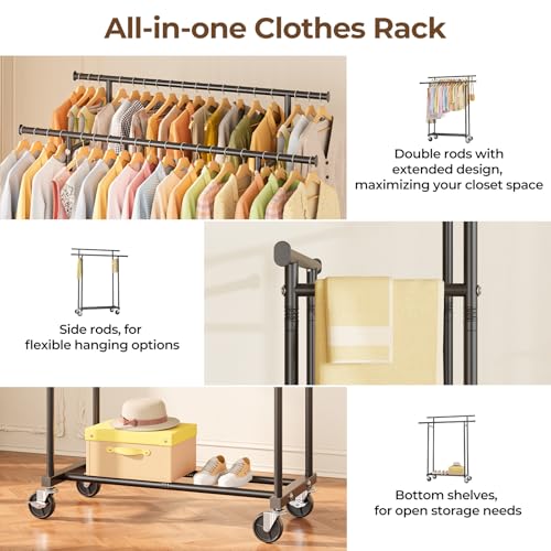 HYSEYY Double Rod Clothes Rail, Rolling Clothes Rack, Metal Clothing Rail with Lockable Wheels & Storage Shelf, Clothing Rack for bedroom, Laundry, Living Room - 160H x 113W x 42D cm, Black