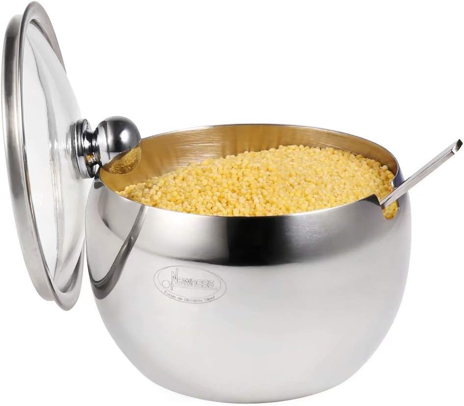 Zuckerdose, Newness Edelstahl Zuckerdose mit Deckel transparent (für besseren Anerkennung) und Zucker Löffel für Haus und Küche, Drum Form Small Size, 240 ML(8.1 OZ or 1 Cup)