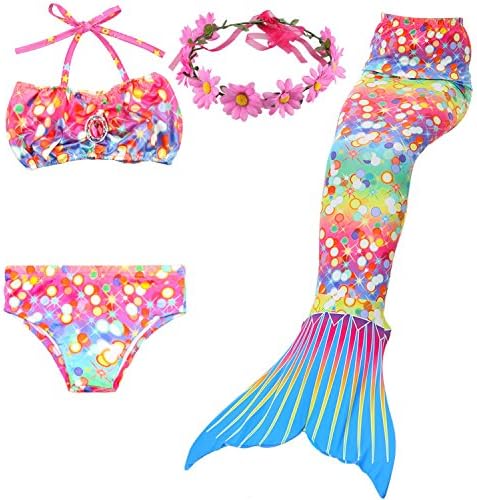LILYFUN 3PCS Girls Mermaid Tail Swimsuit For Swimming Bikini Princess Can Add MonoFins (Jewelpoint, Child M/5-6)