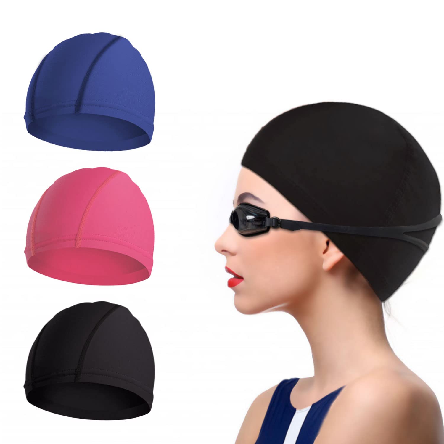 NITAIUN 3 Pieces Swimming Cap - Comfortable Fabric Hat, Premium Quality Stretchable Unisex Polyester Cloth, Lightweight Bathing Cap for Water Sports (3 Colors)