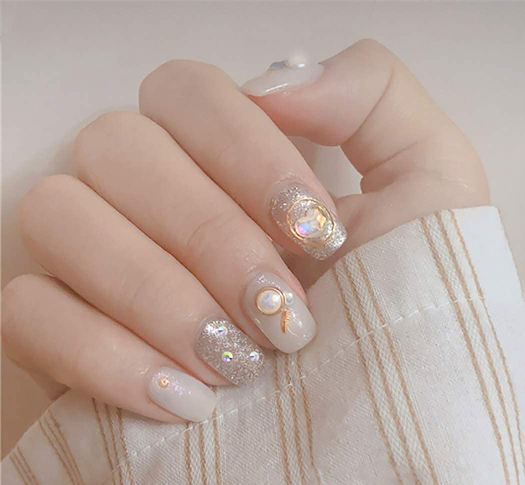 Fairvir Bridal Wedding Fake Nails White Pearl Full Cover Aryclic Shiny Rhinestones False Nail Square Bride Party Prom Clip Press On Nails for Women and Girls(24Pcs)