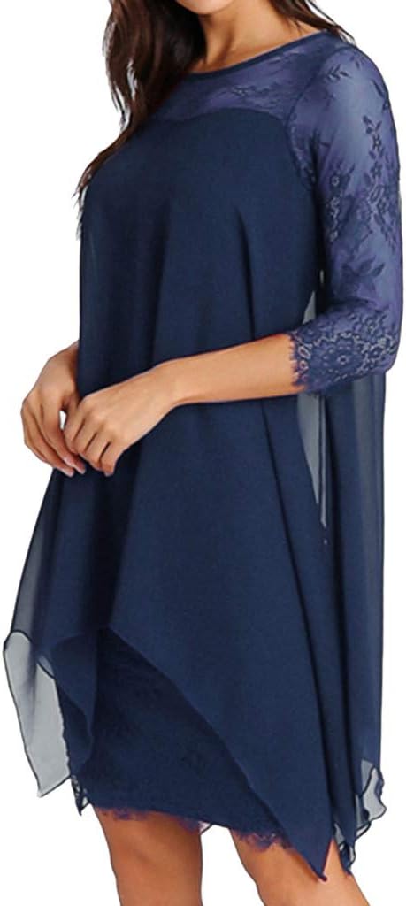 Women Dress Sunday77 Clearance Chiffon Plus Size Lace Oversize Patchwork Sundress Swing Evening Party Beach Cocktail Casual Blue