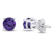 Birthstone Stud Earrings for Women, 4mm Round Simulated Gemstone Studs in 14K Gold Plated 925 Sterling Silver Push Back Earrings, Jewelry Gift for Her (0.5 Ct)