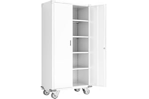 Aobabo 72 Inch Locking Metal Garage Home Office Storage Cabinet with Universal Rubber Wheels/Lockable Casters and Magnetic Doors, White