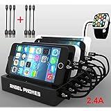 Charging Station USB Dock, Mobile Multi Port Supercharged Fast Charging iPhone, iPad, iWatch, Samsung, Tablets, Kindles and all your other devices Plus FREE Bonus - SIX Charging Cables! (Black)