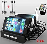 Charging Station USB Dock, Mobile Multi Port Supercharged Fast Charging iPhone, iPad, iWatch, Samsung, Tablets, Kindles and all your other devices Plus FREE Bonus - SIX Charging Cables! (Black)