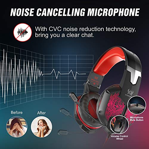 VersionTECH. Gaming Headset for Xbox One/PS4 Controller, PC, Wired Surround Sound Gaming Headphones with Noise Cancelling Mic, RGB LED Backlit for Nintendo Switch/3DS, Mac, Destop Computer Games - Red