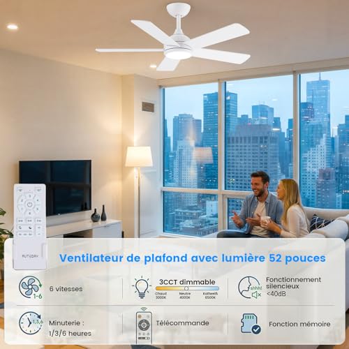 AUTODAY Ceiling Fan with Led Light, 24W Dimmable, Silent DC Motor 35W, 132Cm, Plywood Blades, Memory Remote Control, 6 Speed, White