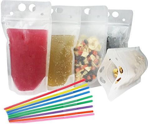 50 PCS Zipper Clear Stand-Up Pouches Bags w/ 50 Straws Included, Heavy Duty Quality For Snacks &amp; Drinks, Translucent Heat-Proof Re-Closable &amp; Reusable Bags. Approx. 5.2”(W) x 9.1” (L)