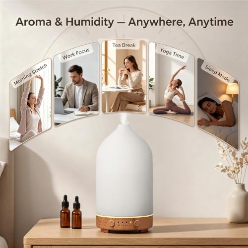 Gooamp 200ML Ceramic Essential Oil Diffuser for Home Humidifier | Ultrasonic Aromatherapy Diffuser Humidifier 7 Color LED Lights,Auto Shut-Off,3 Timers for Bedroom,Office,Yoga,Wood Grain Base