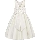 Uhnice Girls Satin Flower Girl Dress with Detachable Bow Sleeveless Ankle Length Party Gown for Wedding Birthday