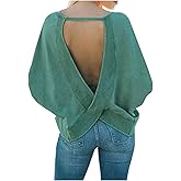 Women's Backless Loose Shirt Long Sleeve Open Back Cross Tee Top Blouse