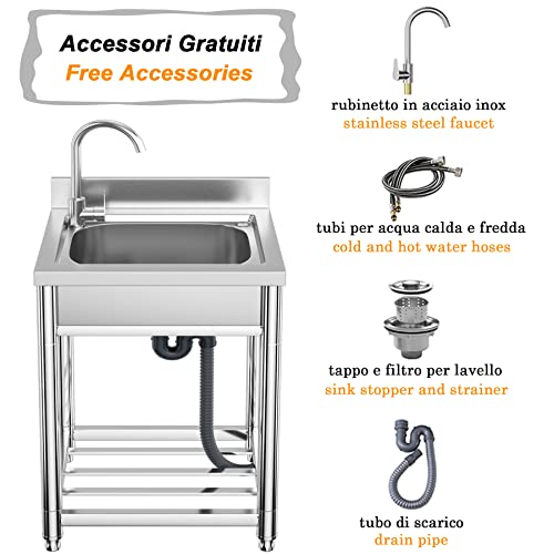Vockol Stainless Steel Sink Freestanding 1 Basin, 55 × 50 × 94 cm Commercial Sink with Tap, Professional Kitchen Sink for Kitchen, Restaurant, Bar, Cafe, Garage, Indoor and Outdoor