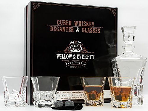 Whiskey Glass Set with Glass Whiskey Decanter - Set of 4 Old Fashioned Glasses with Bonus Granite Whiskey Stones - Great for Scotch and Bourbon - Whiskey Glasses - Perfect Holiday Gift (Cubed)