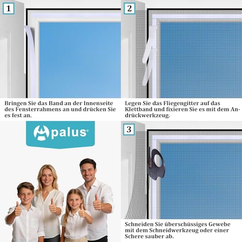 Apalus Window Fly Screen, Can be Cut to Window Sizes up to 100 x 100 cm, Insect Protection with Strong Velcro Tape, Easy Assembly, Pressing Aid and Cutter Included, Black