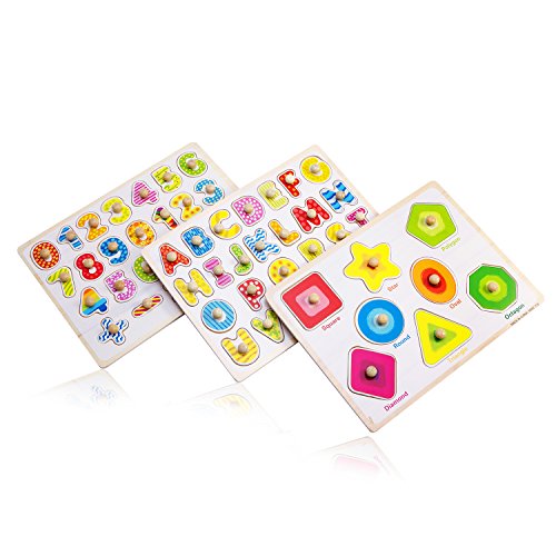 Kids Wooden Peg Puzzle,Educational Toy for toddlers Bundle Set Alphabet ABC Letters Numbers and Shapes Toy Board Game Cognitive Learning Gift for Age 3 4 5 6 7 Year Old Toddlers Baby Boys