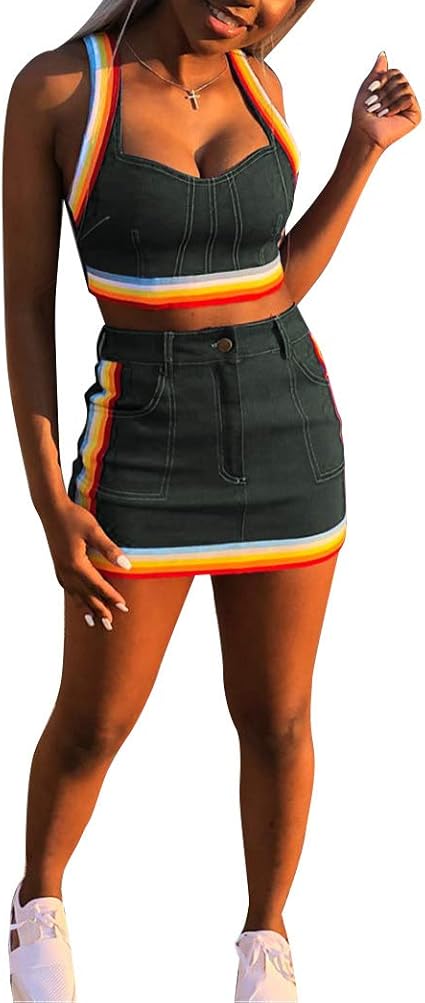 rainbow jean skirt set