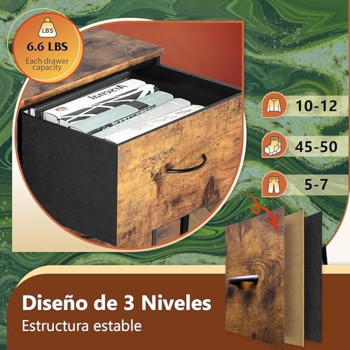 FURRIFIC Cómoda Gran Capacidad de 3 Cajones,70 * 40 * 29cm,Marrón | Cajonera para Recamara,Ropa,Hogar Y Oficina,Organizador Cajonera de Estructura Metal con Cajones de Tela
