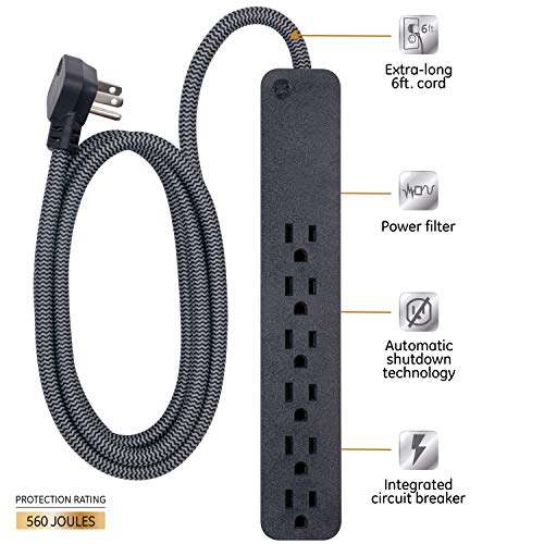 GE UltraPro 6 Outlet Surge Protector, 6 Ft Designer Braided Extension Cord, Flat Plug, Long Power Co - //coolthings.us