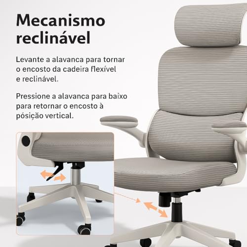 Cadeira de Escritório Cinza VMSTARK com Suporte Lombar Ajustável, Encosto de Cabeça e Design Ergonômico