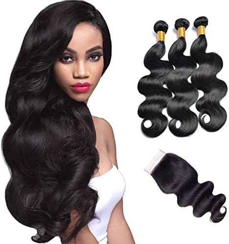 Niiwi 3 Bundles With Closure,100% Unprocessed Real 8A Brazilian Body Wave Hair,Ideal For Parties,Celebration,Wedding &amp; Daily Life- Nature Black (10 12 14 + 10'' free part closure)