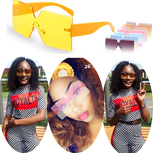 Oversized Square Sunglasses for Women Rimless Frame Candy Color Transparent Glasses (2 pack-pink/yellow)