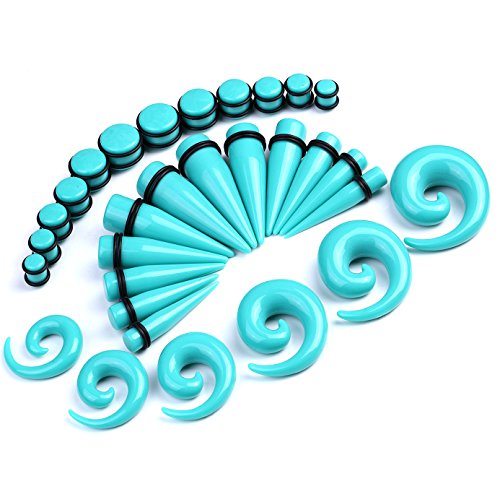 BodyJ4You36PC Ear Stretching Kit - 00G-20mm Big Gauges Kit - Heavy Acrylic Tapers Large Spiral Expanders No Flare Plugs - Black Turquoise Glow White - Women's Tapers Men's Tapers