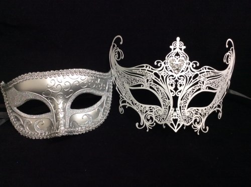 His (Silver) & Hers(white) Masquerade Couples Venetian Design Masks - 2 Piece Silver Colored Set - Perfect Couple Mardi Gras Queen Party Halloween Ball Prom