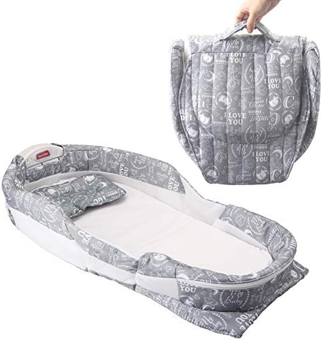 Baby Bed | Misty Dandelions Catcher Fabric Pattern | Portable Bassinet with Sound & Light Unit | Portable Bassinet with Nightlight | Waterproof Foam Mattress with Sheet (Gray)