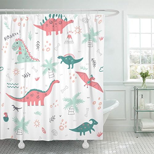 Breezat Shower Curtain Childish Pattern with Colorful Dinosaurs Vulcan Palm Tree Shell Can Be Printed and Used As Waterproof Polyester Fabric 72 x 72 Inches Set with Hooks