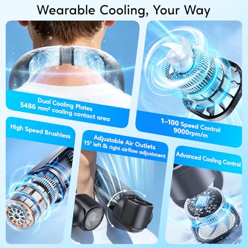 Yannovus Portable Neck Fan with Cooling Plates, 6000mAh Neck Fans Rechargeable with 1-100 Speed Control, Bladeless Cooling Fan with Digital Display, Adjustable Air Outlets for Travel Outdoor